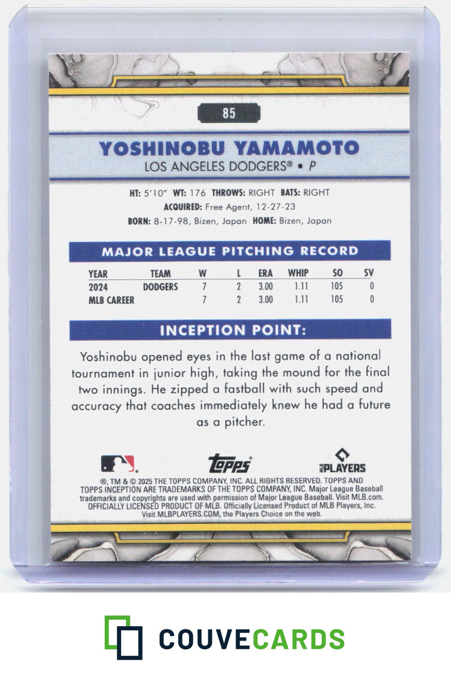 2025 Topps Inception #85 Yoshinobu Yamamoto Gold Electricity #/50