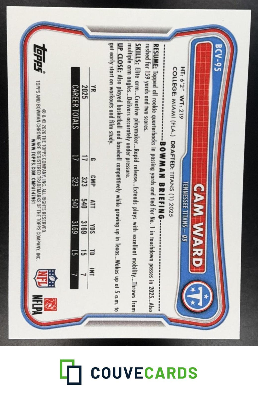Cam Ward 2026 Bowman #BCV-95 Chrome Mojo Refractor