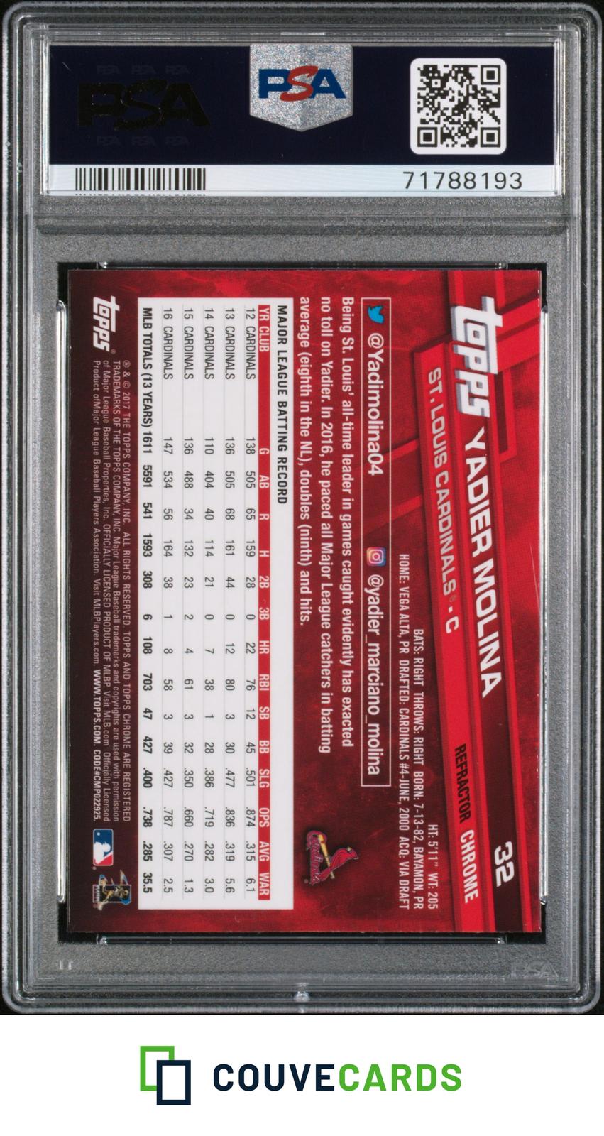 Yadier Molina 2017 Topps Chrome #32 Pink Refractor PSA 10