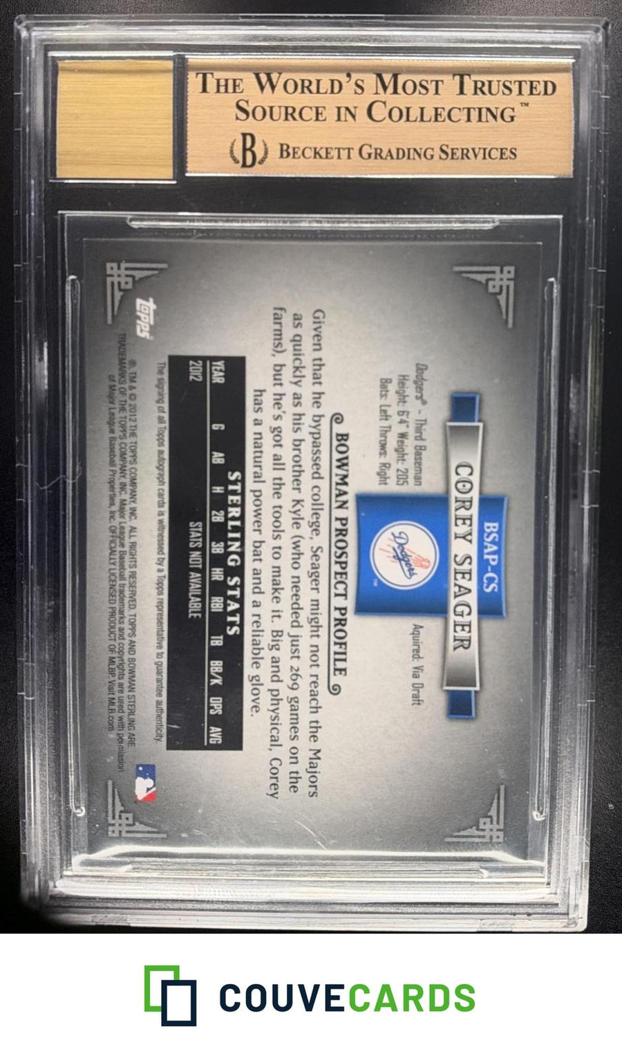 Corey Seager 2012 Bowman Sterling #BSAP-CS Prospect Autographs AU BGS 9.5/10