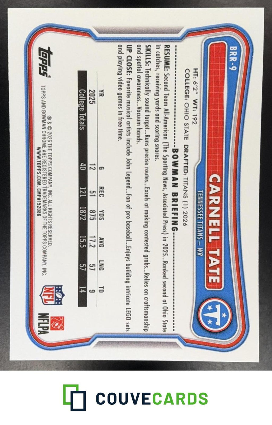 Carnell Tate 2026 Bowman #BRR-9 Chrome Rookie Red RC Logo