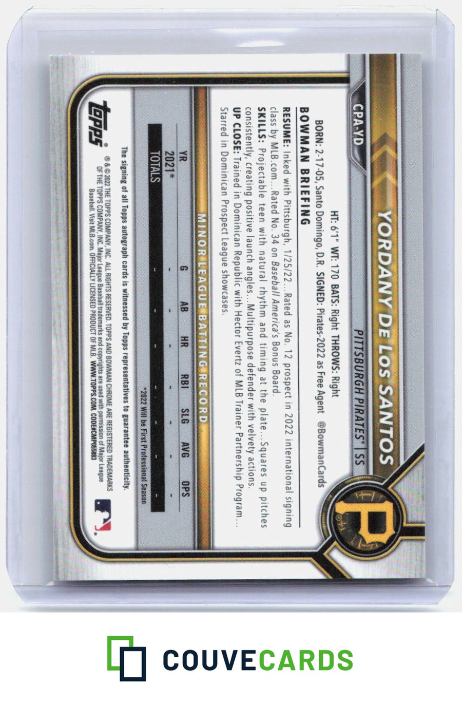 2022 Bowman Chrome - Prospect Autographs Yordani De Los Santos #CPA-YD (AU, RC)