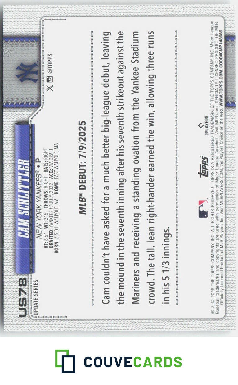 2026 Topps Update Cam Schlittler #US78