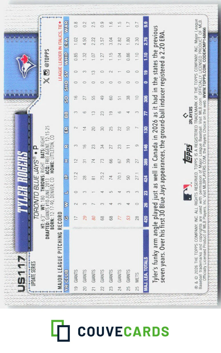 Tyler Rogers 2026 Topps Update US117