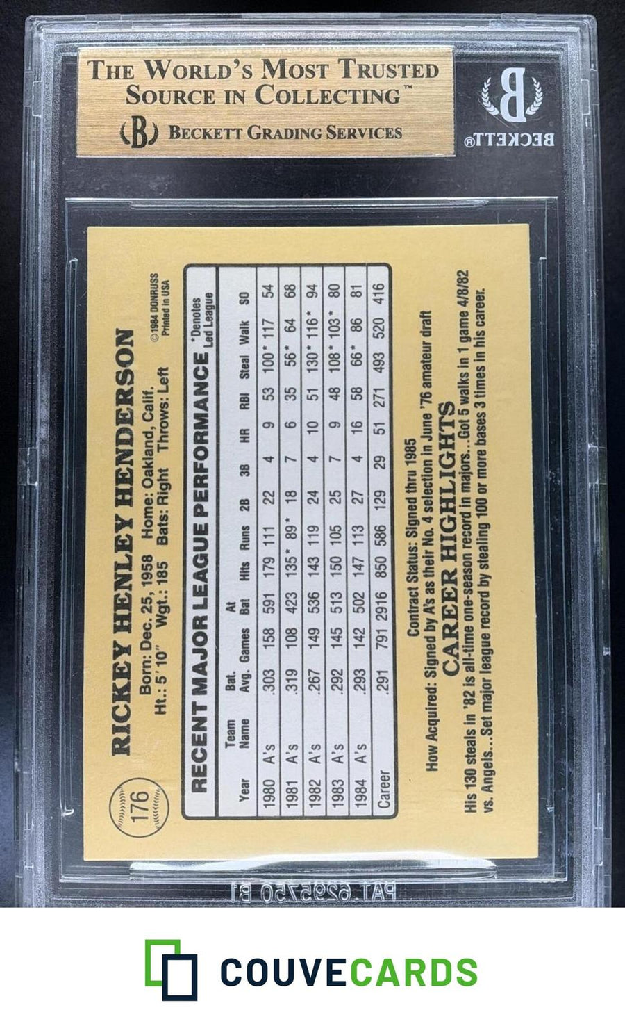1985 Donruss Rickey Henderson #176 BGS