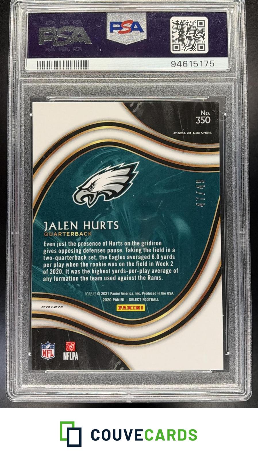 2020 Panini Select Blue Prizm Jalen Hurts #350 RC PSA #/49