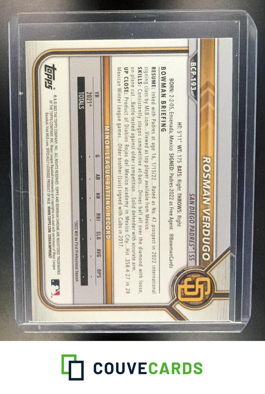 Rosman Verdugo 2022 Bowman Chrome #BCP-193 Prospects
