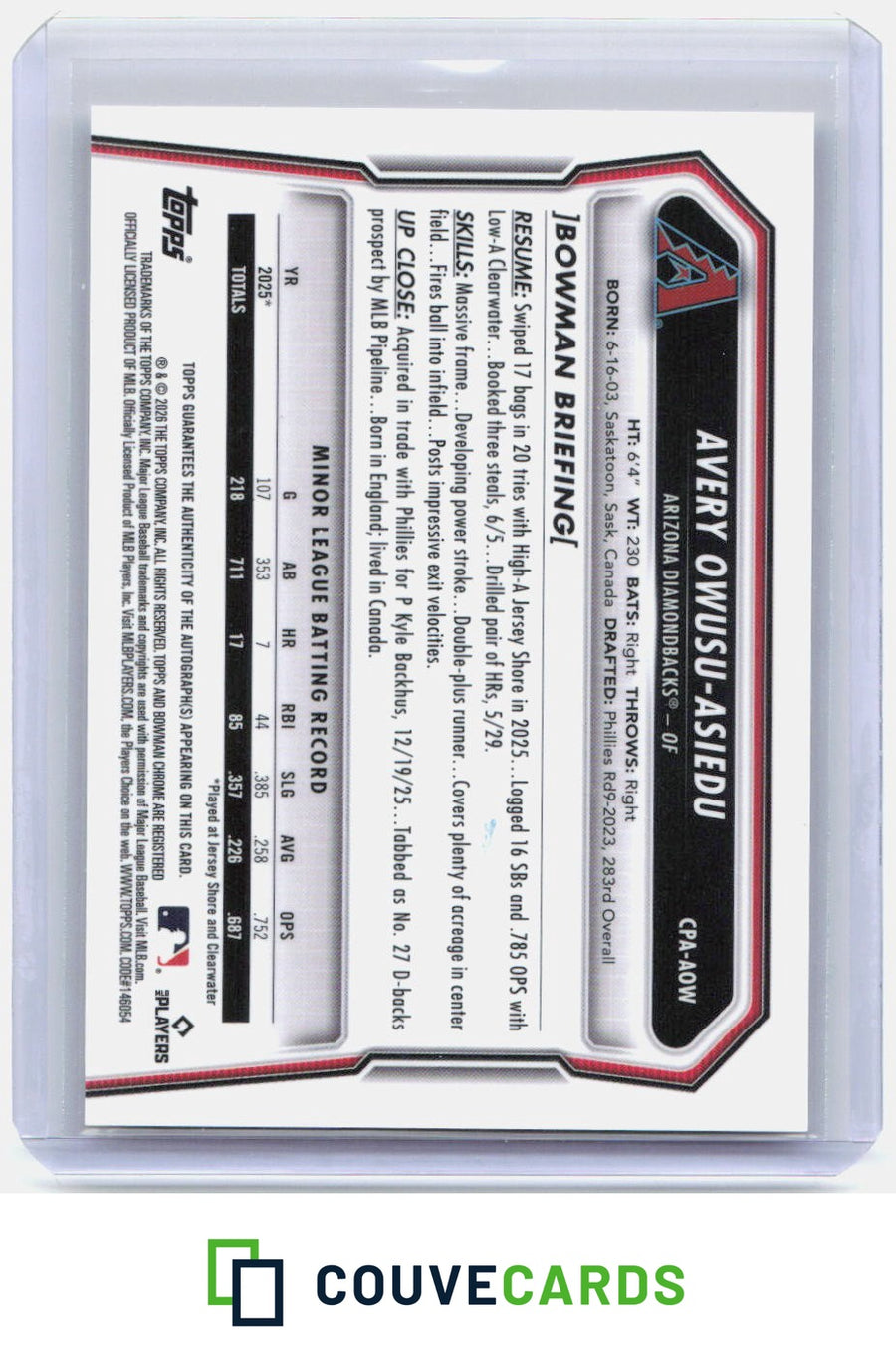 Avery Owusu-Asiedu 2026 Bowman Chrome #CPA-AOW Prospect Autographs AU