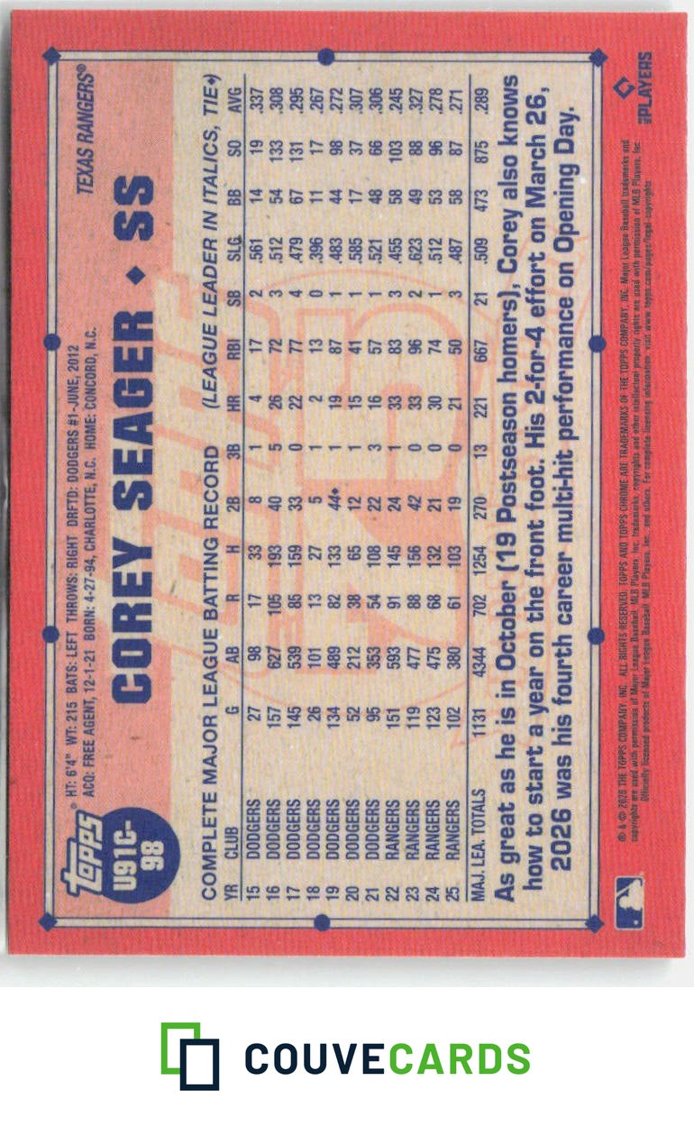 2026 Topps Update 1991 Topps Baseball 35th Chrome Corey Seager #U91C-98