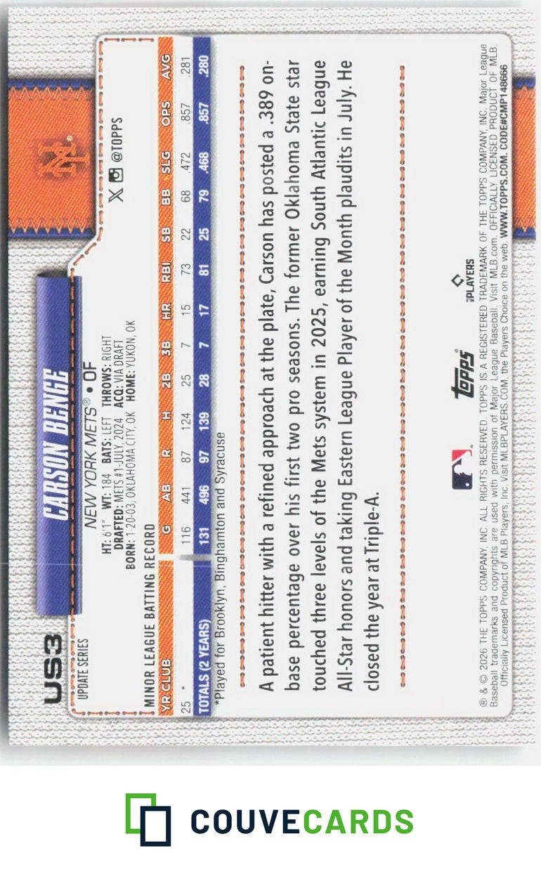 2026 Topps Update Carson Benge #US3 RC