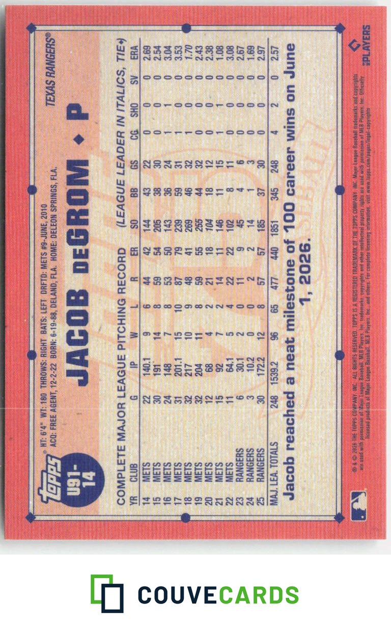 2026 Topps Update 1991 Topps Baseball 35th Anniversary Jacob deGrom #U91-14