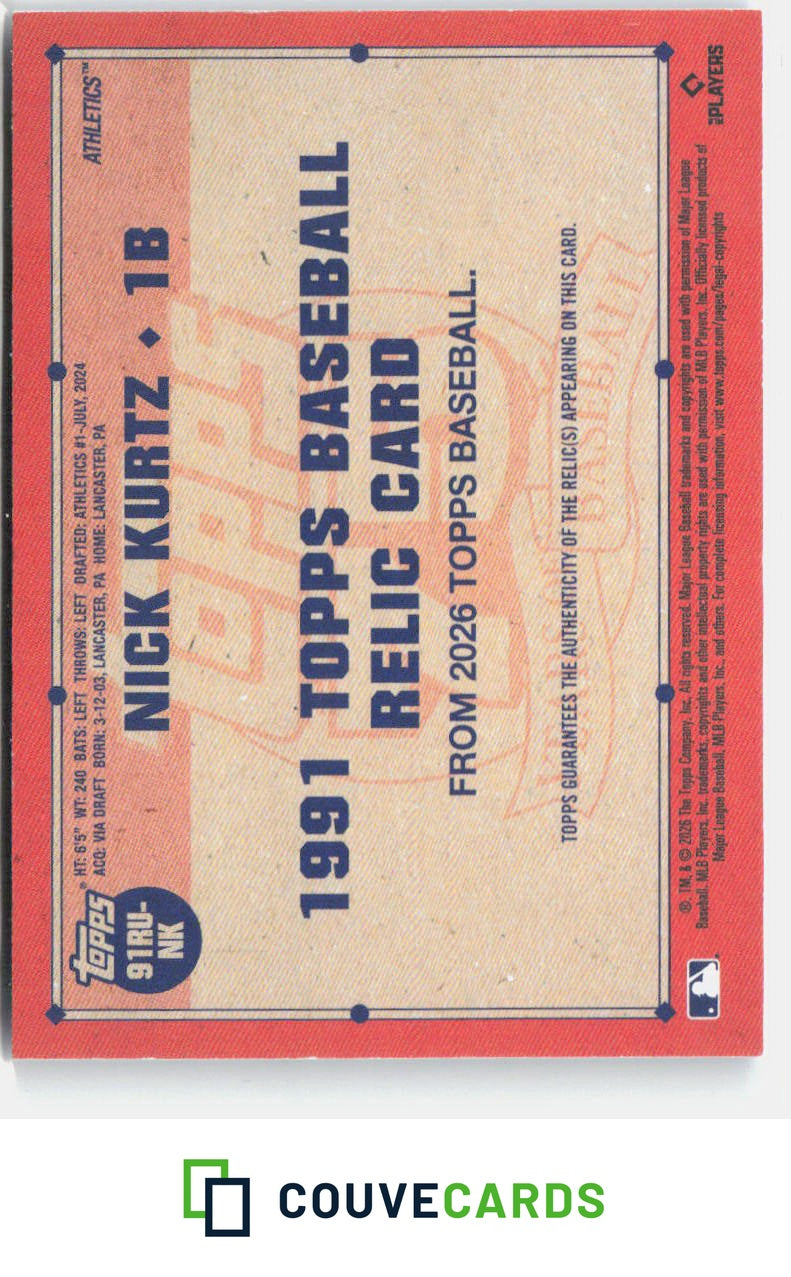 2026 Topps Update Nick Kurtz  #91RU-NK 1991 35th Anniversary Relics Blue /150