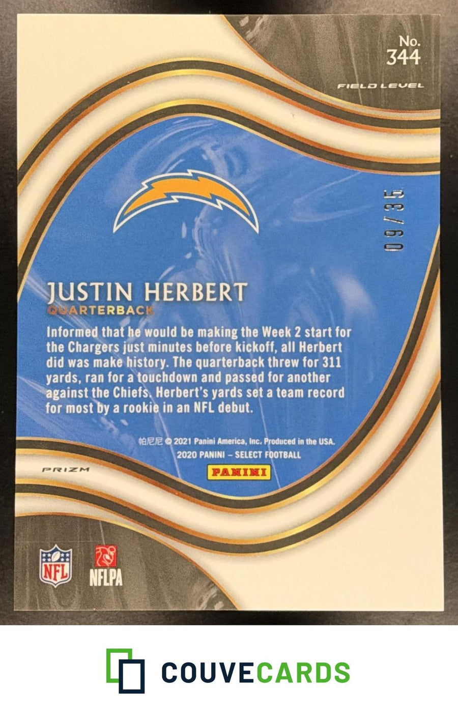 2020 Panini Select White Prizm Justin Herbert #344 RC #/35