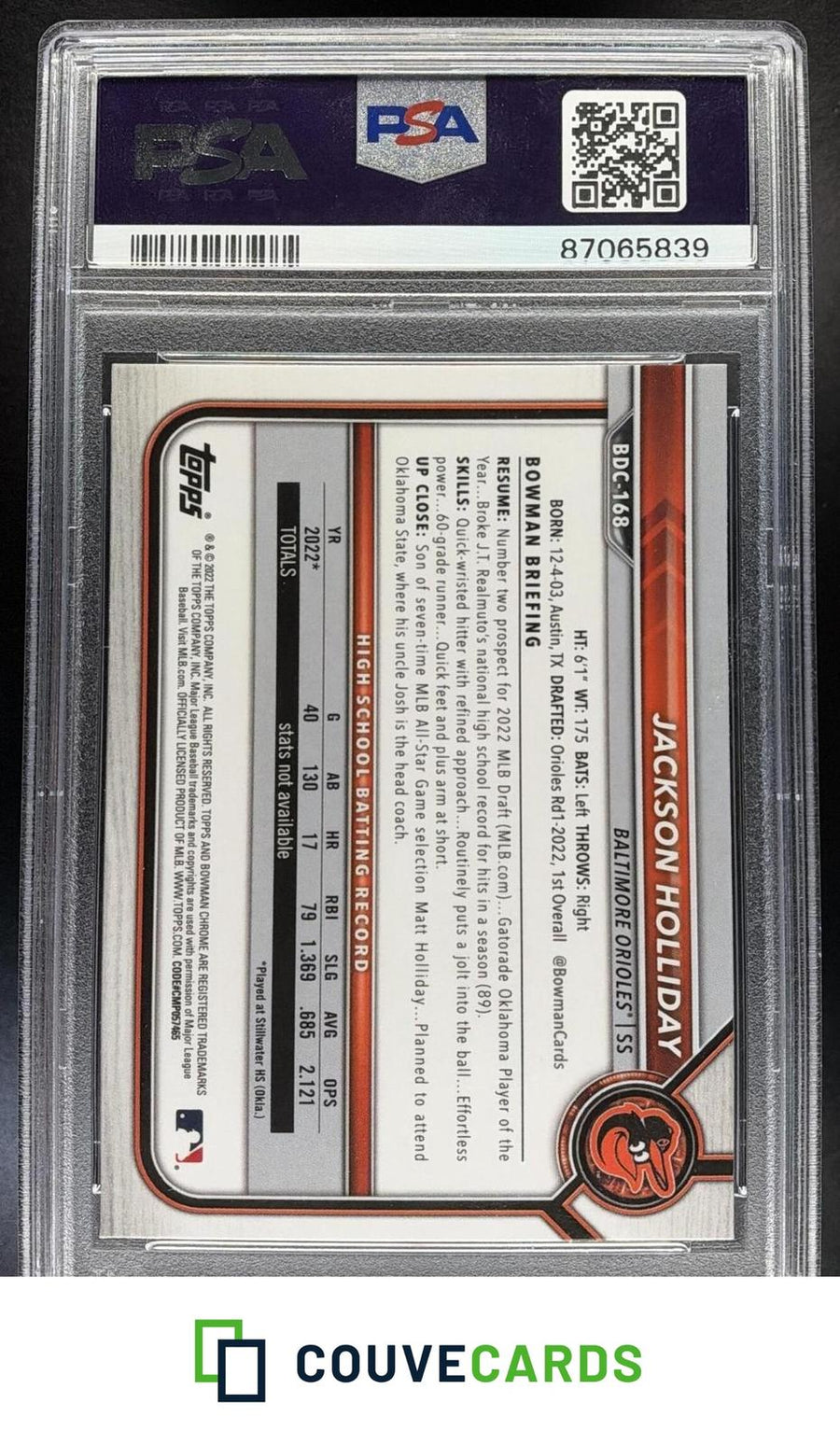 2022 Bowman Draft Sapphire Edition Jackson Holliday #BDC-168 PSA