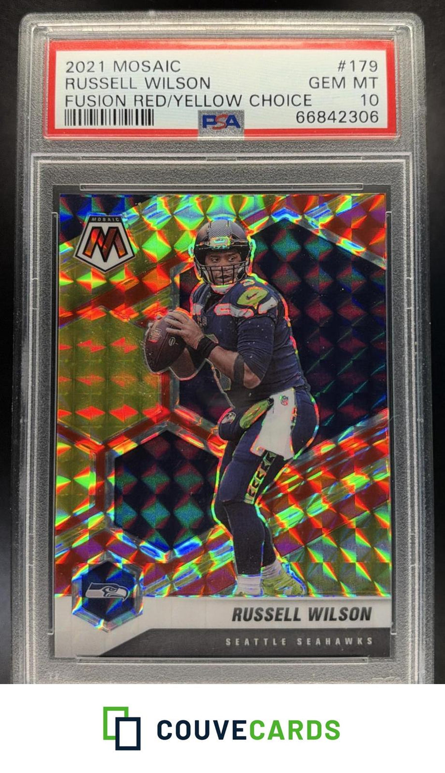 2021 Panini Mosaic Prizm Fusion Red and Yellow Russell Wilson #179 PSA #/80